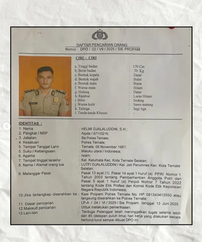 Kepolisian Menjadi DPO Akibat Tidak Mengikuti Tugas Selama 85 Hari